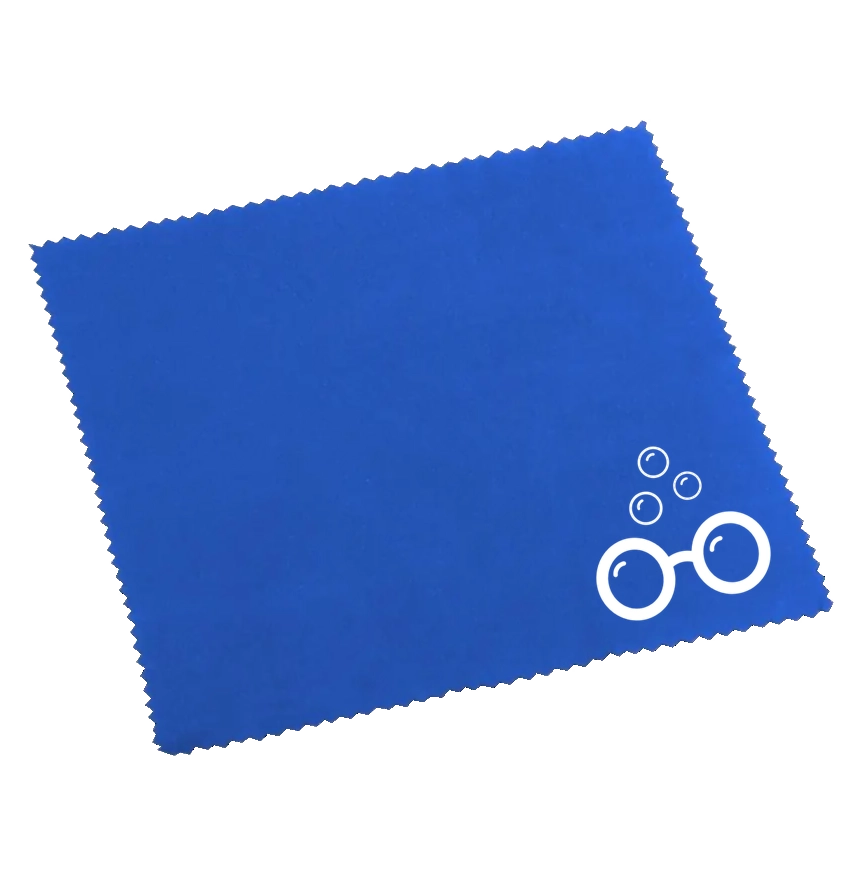 Sudzsees™ blue square lens cloth with zigzag edges and white Sudzsees™ Bubble Logo Mark in the bottom Corner