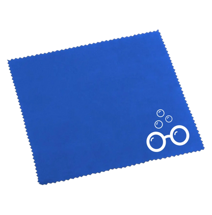 Sudzsees™ blue square lens cloth with zigzag edges and white Sudzsees™ Bubble Logo Mark in the bottom Corner