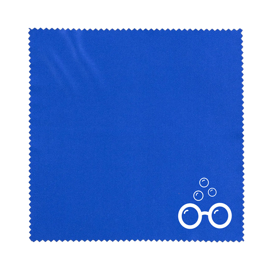 Sudzsees™ blue square lens cloth with zigzag edges and white Sudzsees™ Bubble Logo Mark in the bottom Corner