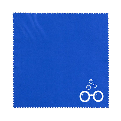 Sudzsees™ blue square lens cloth with zigzag edges and white Sudzsees™ Bubble Logo Mark in the bottom Corner