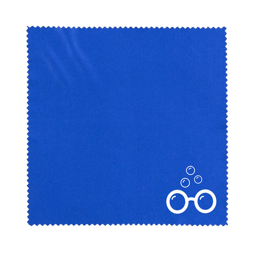 Sudzsees™ blue square lens cloth with zigzag edges and white Sudzsees™ Bubble Logo Mark in the bottom Corner