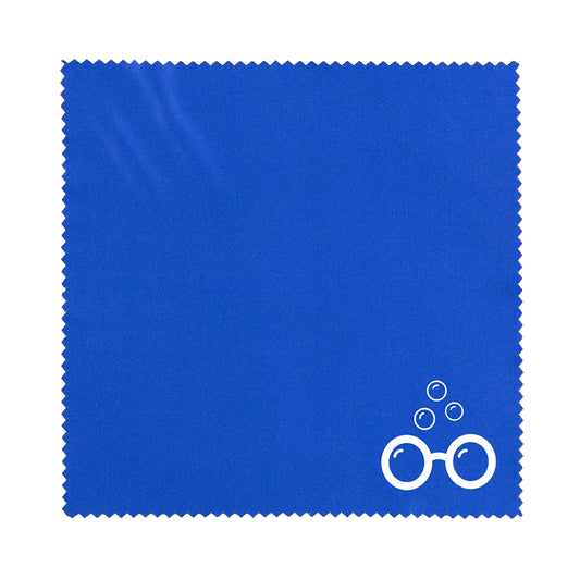 Sudzsees™ blue square lens cloth with zigzag edges and white Sudzsees™ Bubble Logo Mark in the bottom Corner