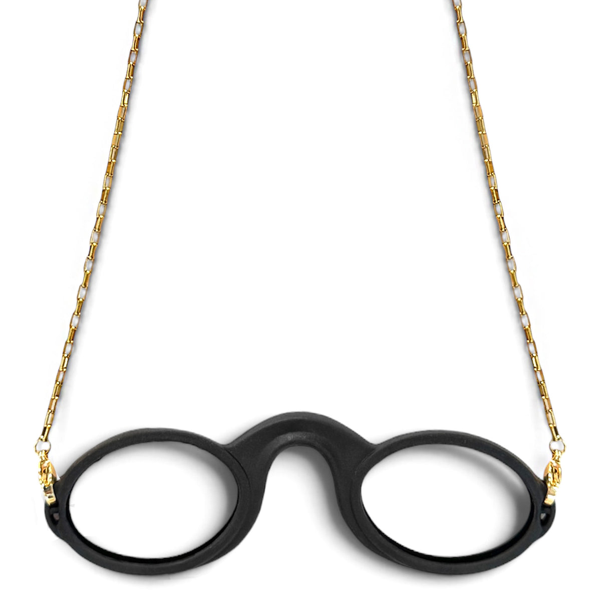 Gold-tone Box chain attached to Black armless fog-free  Sudzsees™  glasses by Gold-tone lobster clasp