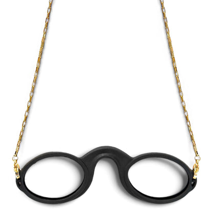 Gold-tone Box chain attached to Black armless fog-free  Sudzsees™  glasses by Gold-tone lobster clasp