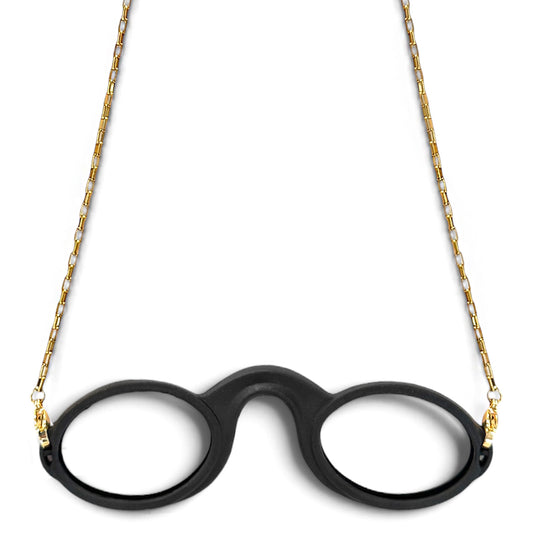 Gold-tone Box chain attached to Black armless fog-free  Sudzsees™  glasses by Gold-tone lobster clasp