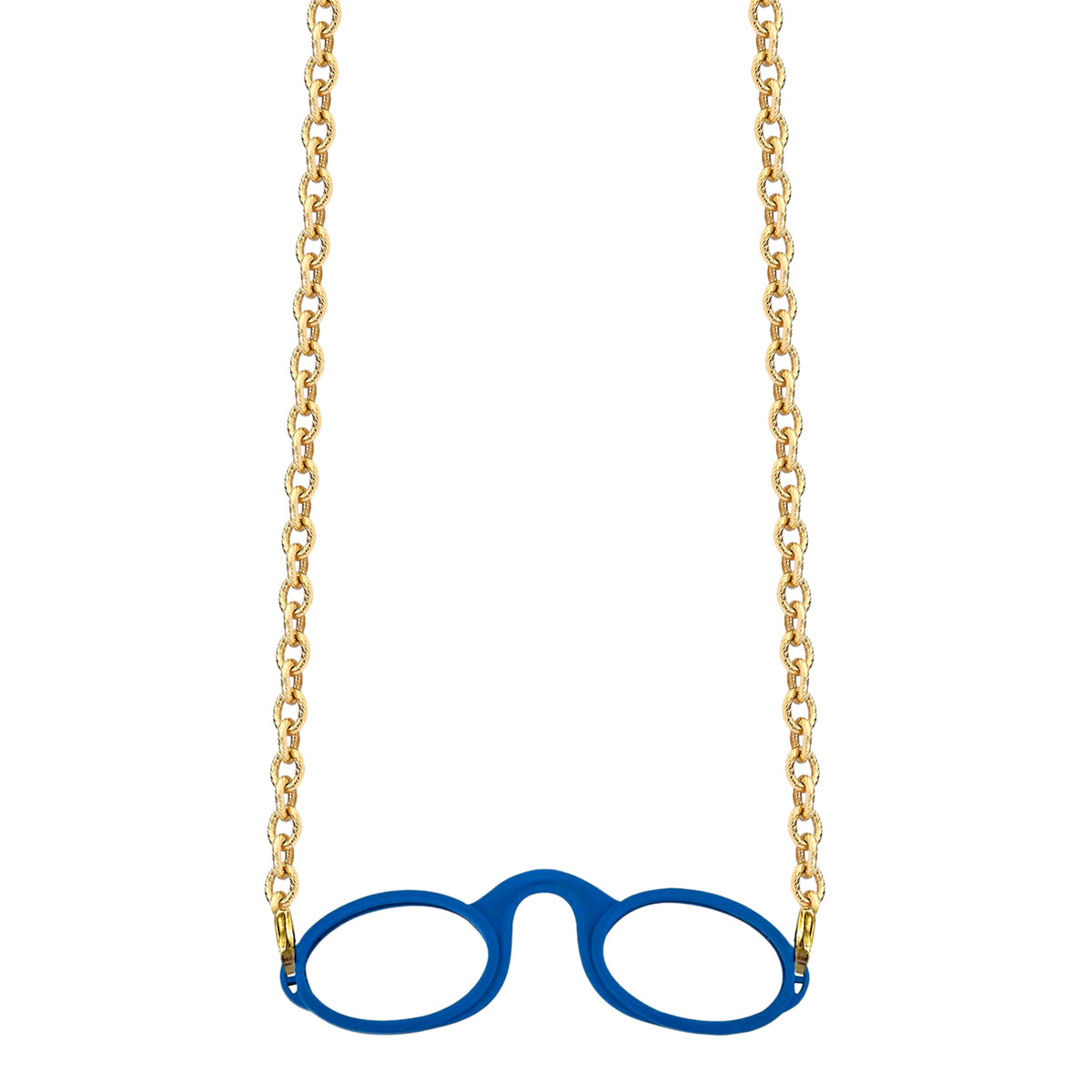 Gold-tone Rolo chain attached to blue armless fog-free  Sudzsees™  glasses by detachable Gold-tone lobster clasp