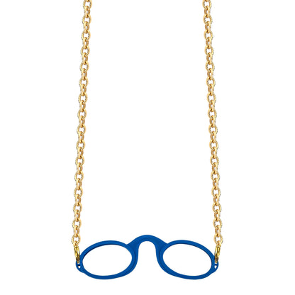 Gold-tone Rolo chain attached to blue armless fog-free  Sudzsees™  glasses by detachable Gold-tone lobster clasp