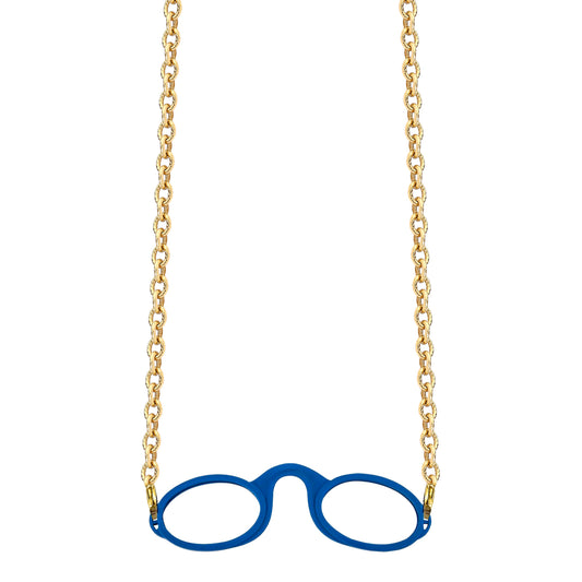 Gold-tone Rolo chain attached to blue armless fog-free  Sudzsees™  glasses by detachable Gold-tone lobster clasp