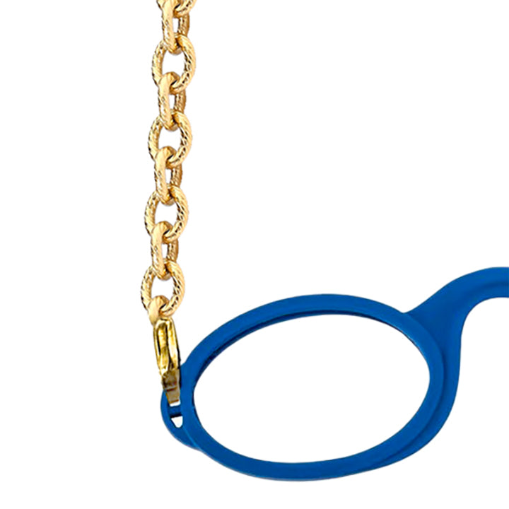 Close up detail of Gold-tone Rolo chain attached to blue armless fog-free  Sudzsees™  glasses by detachable Gold-tone lobster clasp