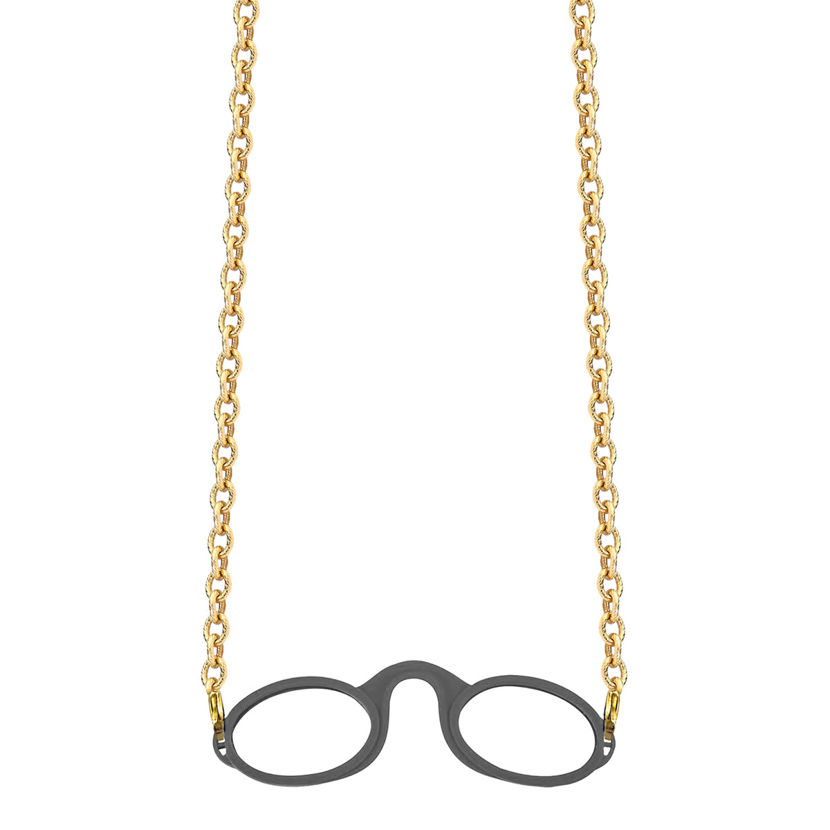 Gold-tone Rolo chain attached to grey armless fog-free  Sudzsees™  glasses using gold-tone detachable lobster clasp