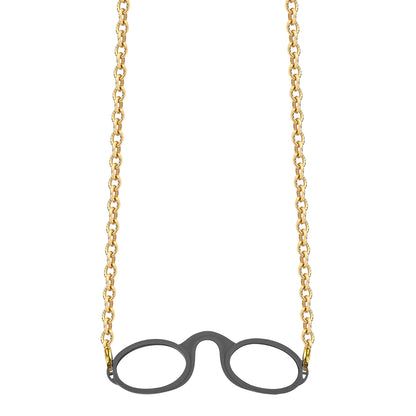 Gold-tone Rolo chain attached to grey armless fog-free  Sudzsees™  glasses using gold-tone detachable lobster clasp