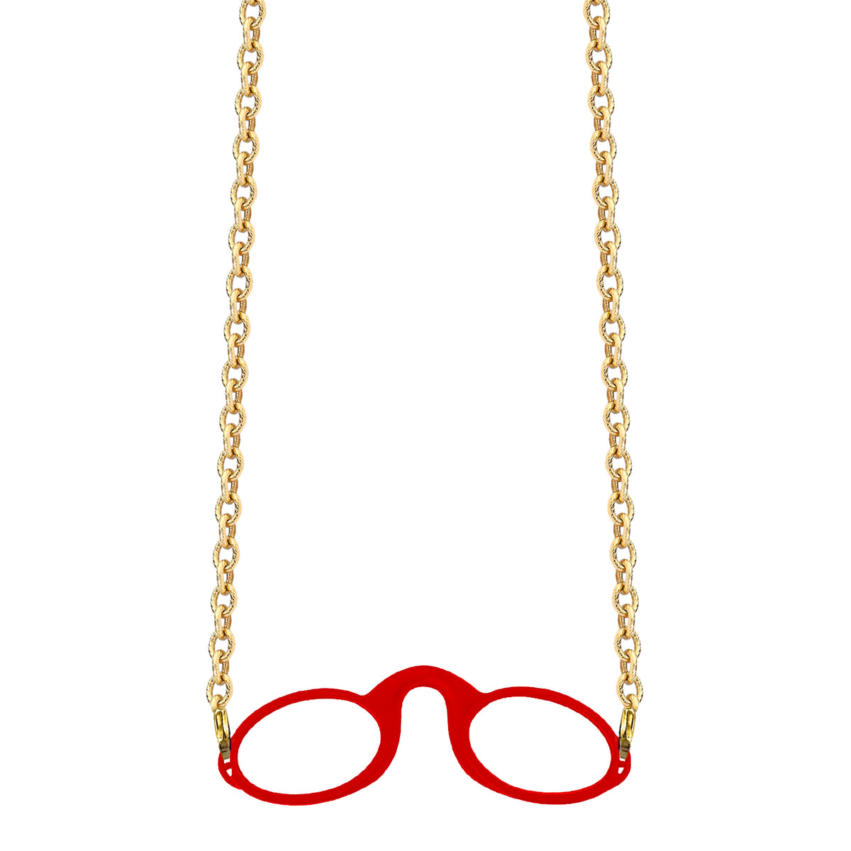 Gold-tone Rolo chain attached to red armless fog-free  Sudzsees™  glasses using detachable gold-tone lobster clasp