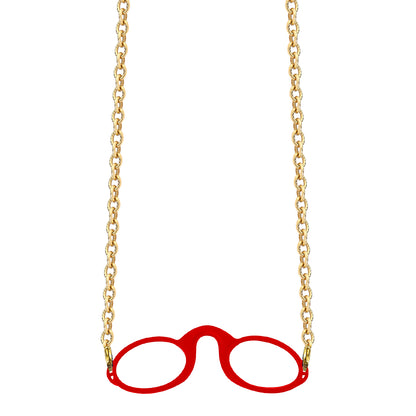 Gold-tone Rolo chain attached to red armless fog-free  Sudzsees™  glasses using detachable gold-tone lobster clasp