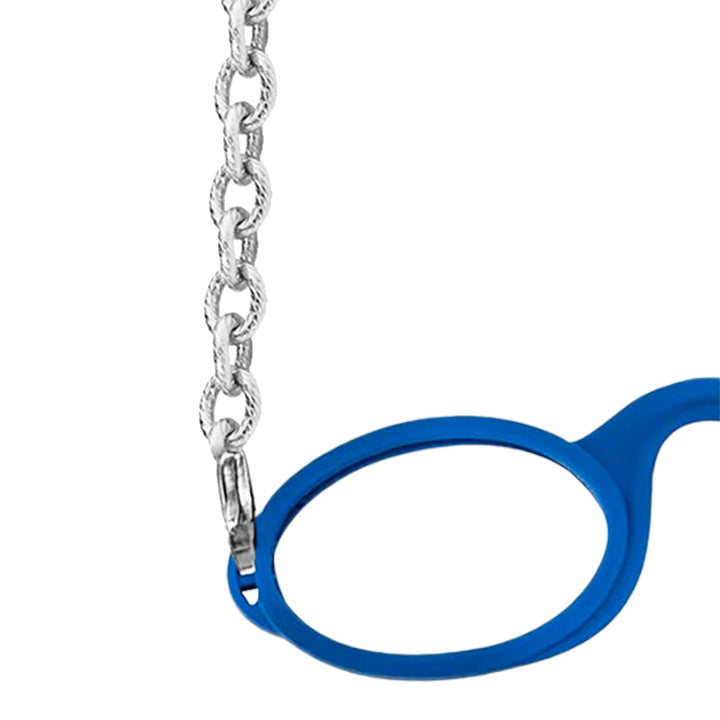 Close up detail of Silver-tone Rolo chain attached to blue armless fog-free  Sudzsees™  glasses by Silver-tone lobster clasp