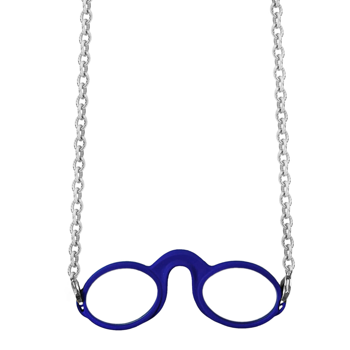 Silver-tone Rolo chain attached to blue armless fog-free  Sudzsees™  glasses by detachable Silver-tone lobster clasp