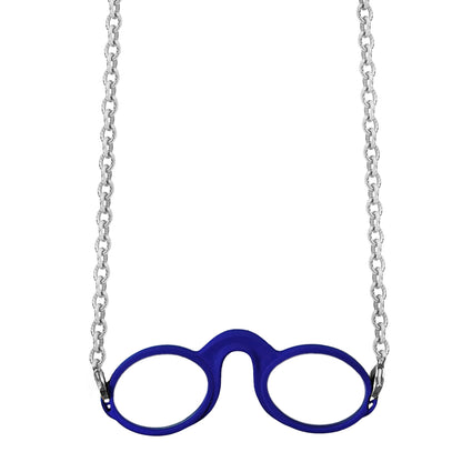Silver-tone Rolo chain attached to blue armless fog-free  Sudzsees™  glasses by detachable Silver-tone lobster clasp