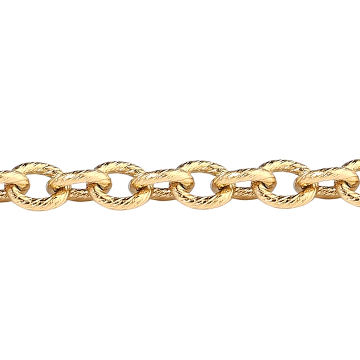 A close-up of gold-tone rolo chain with thick, textured oval links against a plain white background.