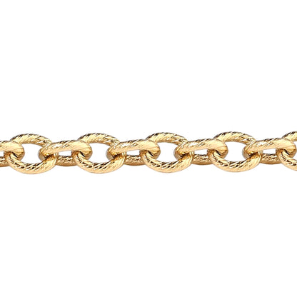 A close-up of gold-tone rolo chain with thick, textured oval links against a plain white background.