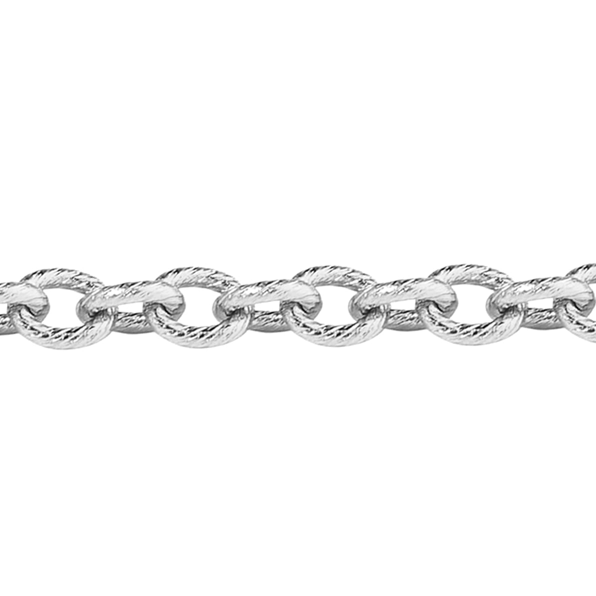 A close-up of silver-tone rolo chain with thick, textured oval links against a plain white background.