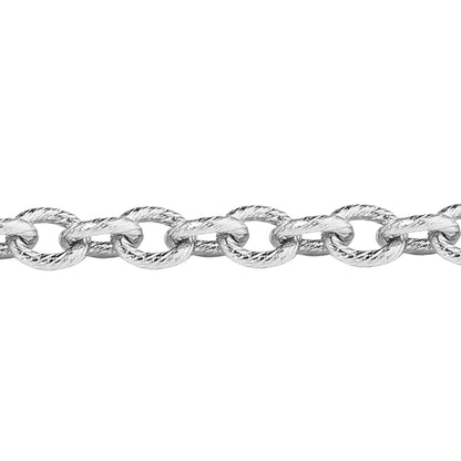A close-up of silver-tone rolo chain with thick, textured oval links against a plain white background.