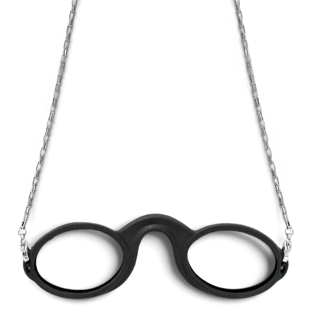 Silver-tone Box chain attached to Black armless fog-free  Sudzsees™  glasses by Silver-tone lobster clasp