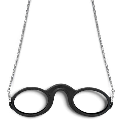 Silver-tone Box chain attached to Black armless fog-free  Sudzsees™  glasses by Silver-tone lobster clasp