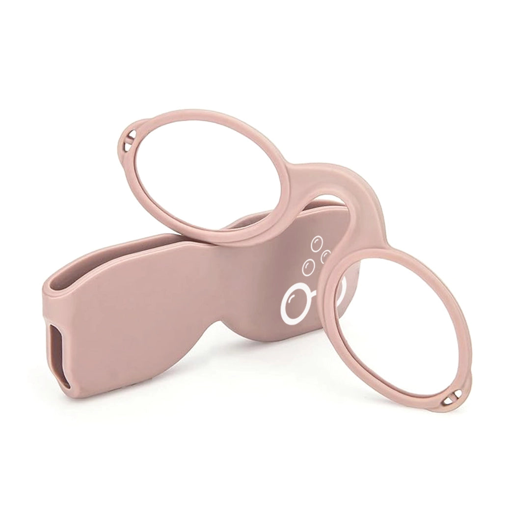 Beige armless Sudzsees™  glasses resting on a matching beige case with a white Sudzsees™  bubble logo mark on white background