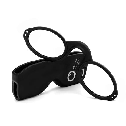 Black armless Sudzsees™  glasses resting on a matching black case with a white Sudzsees™  bubble logo mark on white background