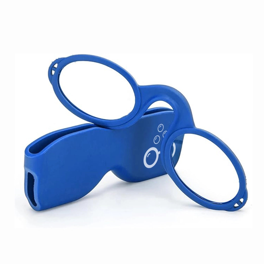 Blue armless Sudzsees™  glasses resting on a matching blue case with a white Sudzsees™  bubble logo mark on white background