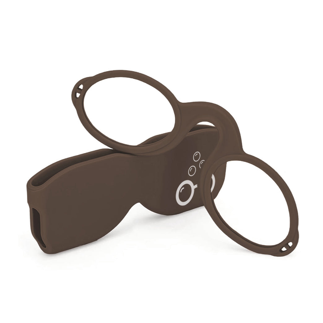 Brown armless Sudzsees™  glasses resting on a matching Brown case with a white Sudzsees™  bubble logo mark on white background