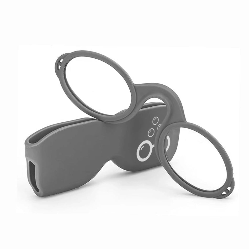 Grey armless Sudzsees™  glasses resting on a matching grey case with a white Sudzsees™  bubble logo mark on white background
