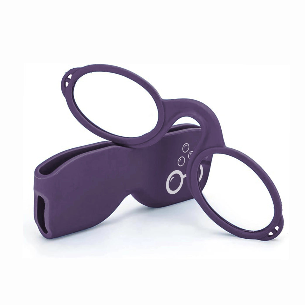 Purple armless Sudzsees™  glasses resting on a matching purple case with a white Sudzsees™  bubble logo mark on white background