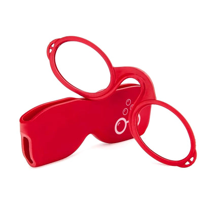 Red armless Sudzsees™  glasses resting on a matching red case with a white Sudzsees™  bubble logo mark on white background
